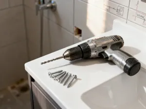 Różnorodne płytki łazienkowe w odcieniach beżu i szarości wraz z narzędziami montażowymi na tle nowoczesnego wnętrza.