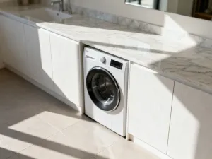 Nowoczesna chromowana bateria umywalkowa zamontowana nad ceramiczną umywalką w jasnej, minimalistycznej łazience.