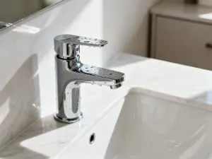 Porównanie ściany wykończonej marmurowymi płytkami oraz matową farbą w odcieniu szałwiowej zieleni w nowoczesnej łazience.