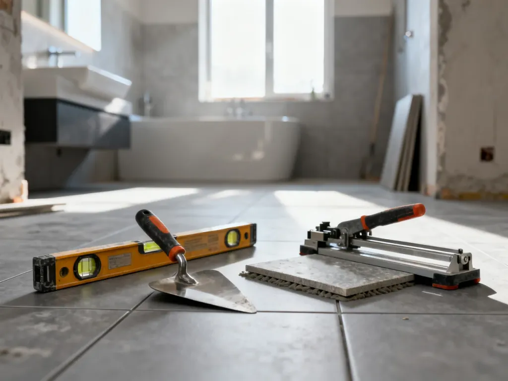Profesjonalne narzędzia remontowe ułożone na płytkach ceramicznych w łazience w trakcie prac wykończeniowych.